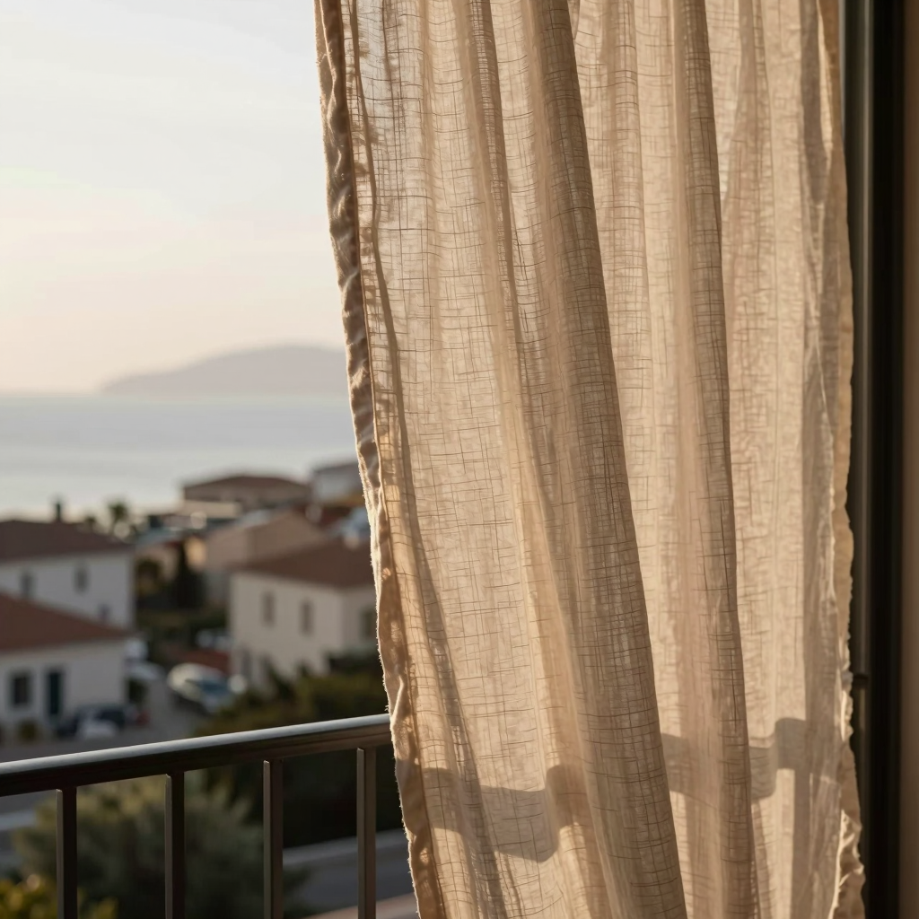 Linen curtains catching golden-hour light on a balcony