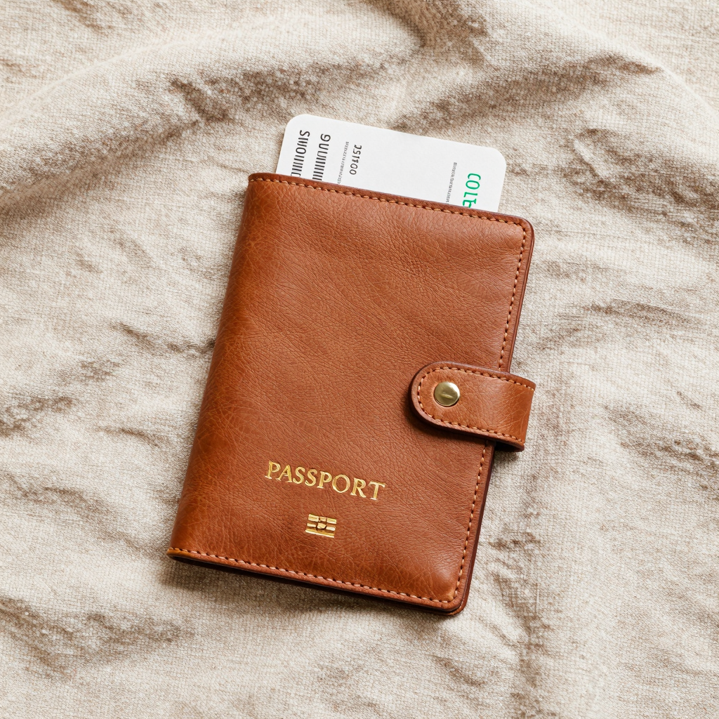 A leather passport folio with a boarding pass tucked inside