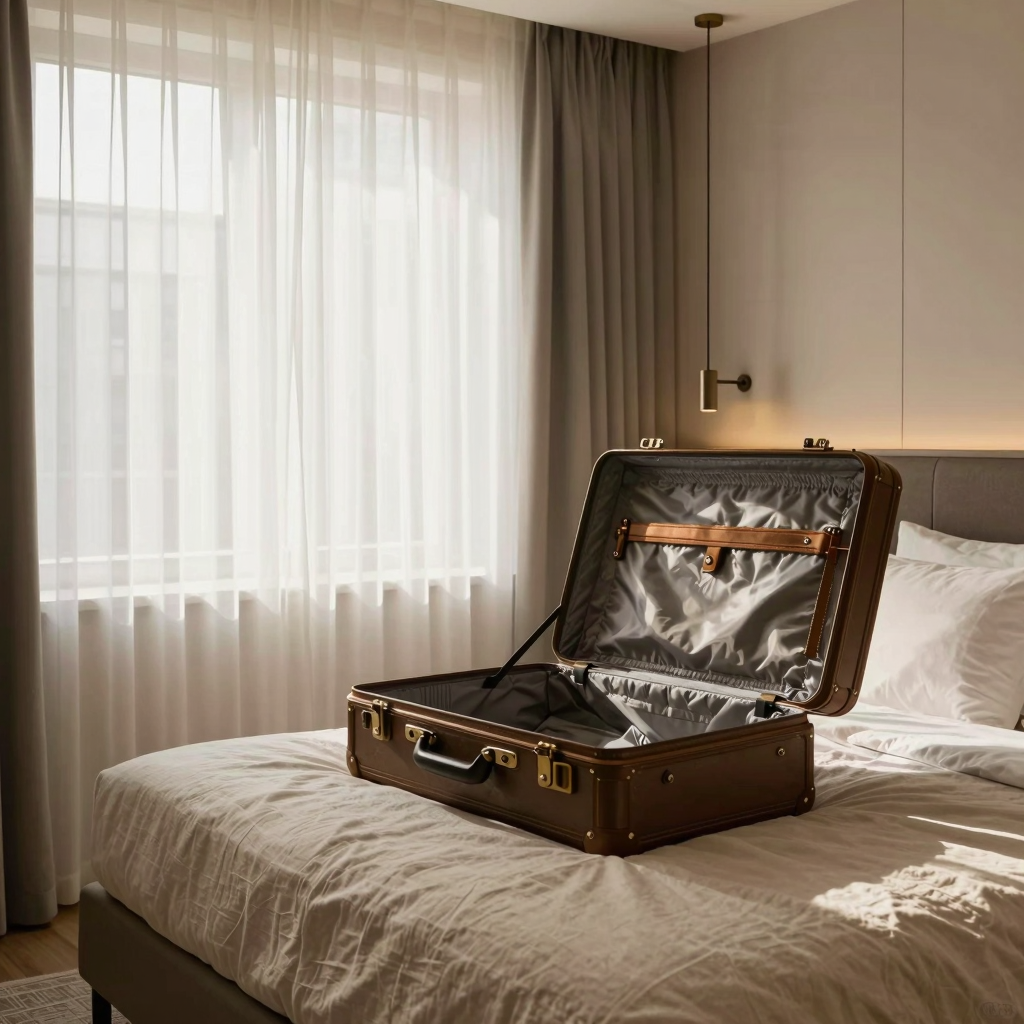 The Weekender Case, an open soft-structure carry-on on a hotel bed